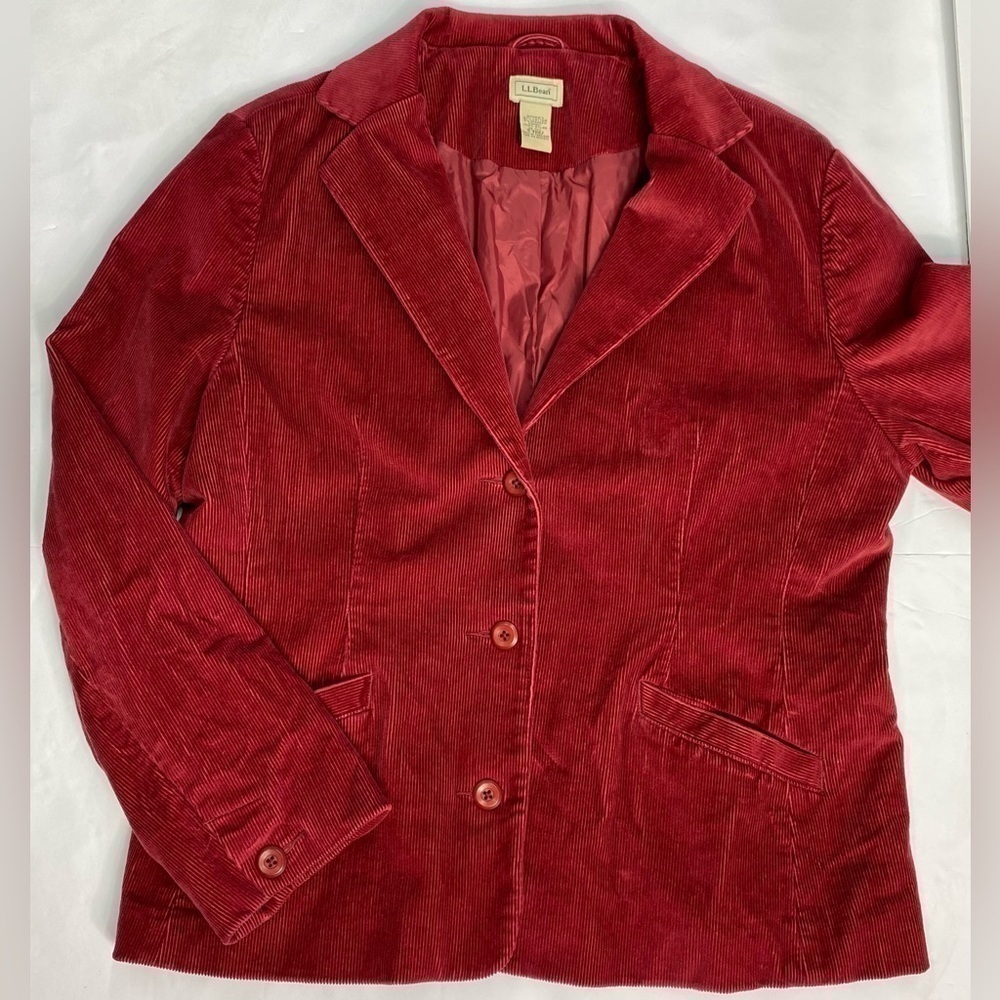 L.L. Bean Womens Forest Red Maroon Cotton Blend Corduroy Blazer Jacket, Size 16P